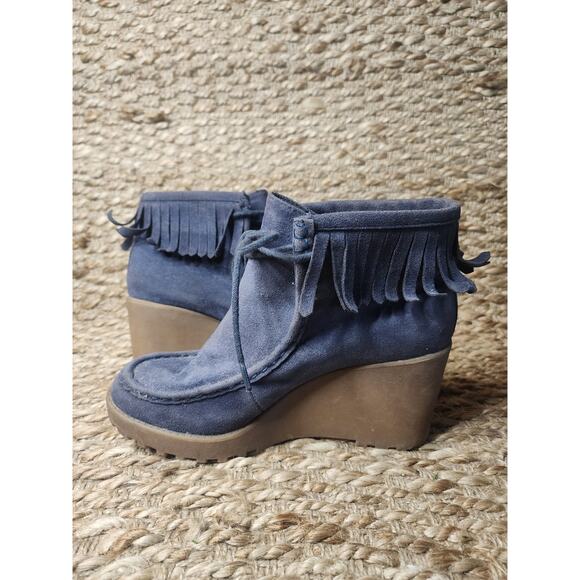 Rocket Dog Wedge Booties Blue Suede Moccasin Fringe Women's 8 - Picture 6 of 12